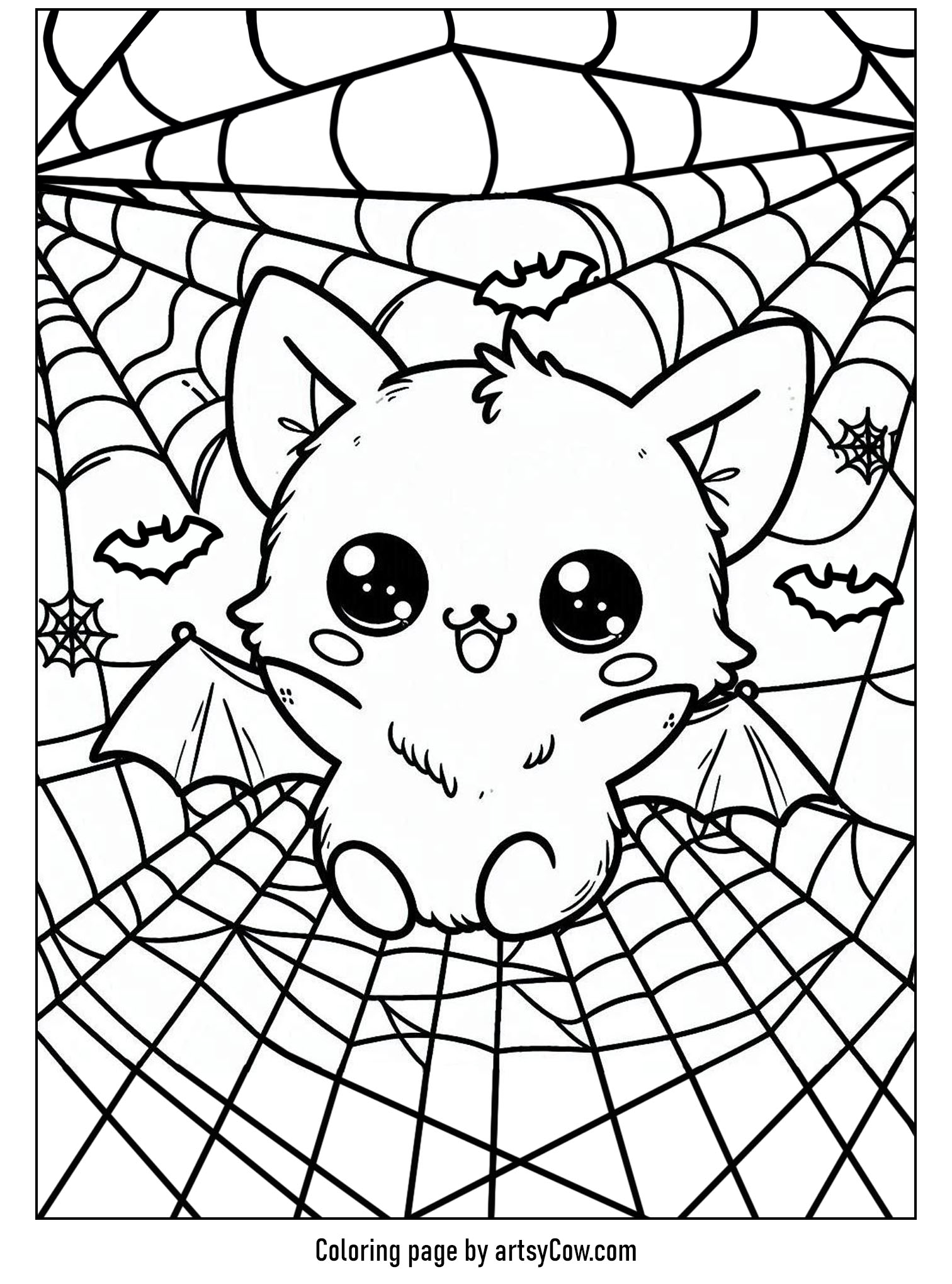 halloween coloring pages with bats featuring a cute creature caught up in a cobwebby scene.